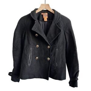 Tory Burch Double Breasted Buckle Accent Leather Trim Military Jacket‎ Black 2